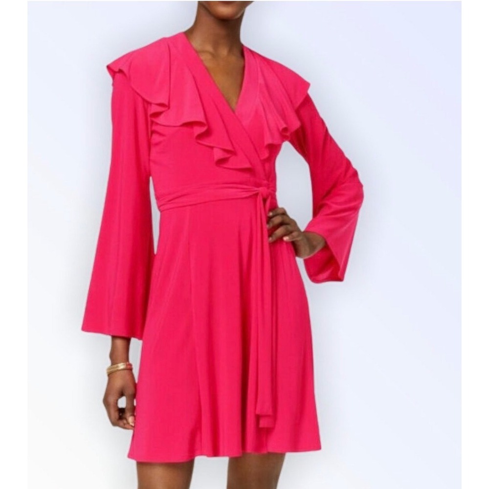NWT Taylor Fuchsia Ruffle Wrap Dress Knee Length Bell Sleeve Barbiecore Chic 12